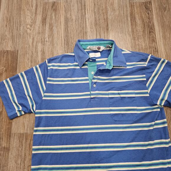 Vtg RHM Classics Striped Polo Men M Blue Green Single Stitch Preppy 70s 80s Golf - Picture 2 of 11